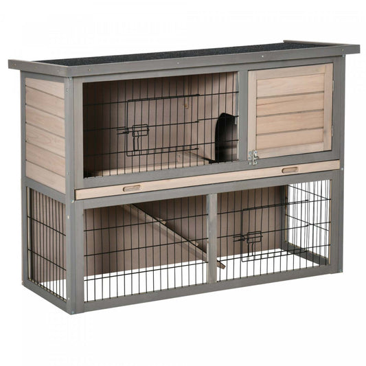 Pawhut Clapier A Lapin A 2 Etages Cage A Lapin Pour Petit Animal Avec Rampe, Plateau Coulissant