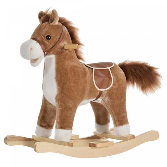 Qaba Cheval à bascule en peluche sur bascules en bois avec sons, base en bois, chaise à bascule pour 3