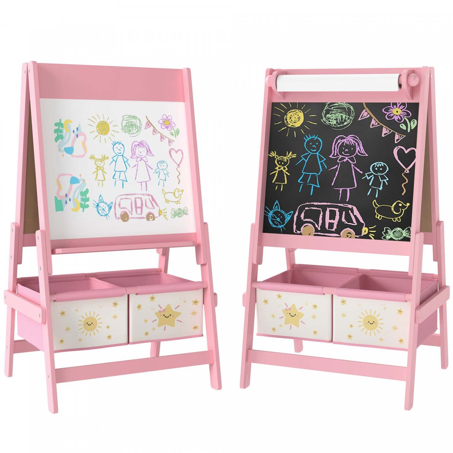 Qaba Art Easel pour enfants, chevalet double face 3-en-1 avec rouleau de papier, tableau blanc et tableau noir, 2 boîtes de rangement, cadeau pour garçons et filles de 3 à 8 ans, rose