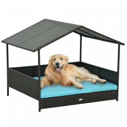 Pawhut Niche D'extérieur En Rotin Pour Chien Avec Auvent D'ombrage, Lit Sureleve En Osier Avec Coussin Doux Lavable