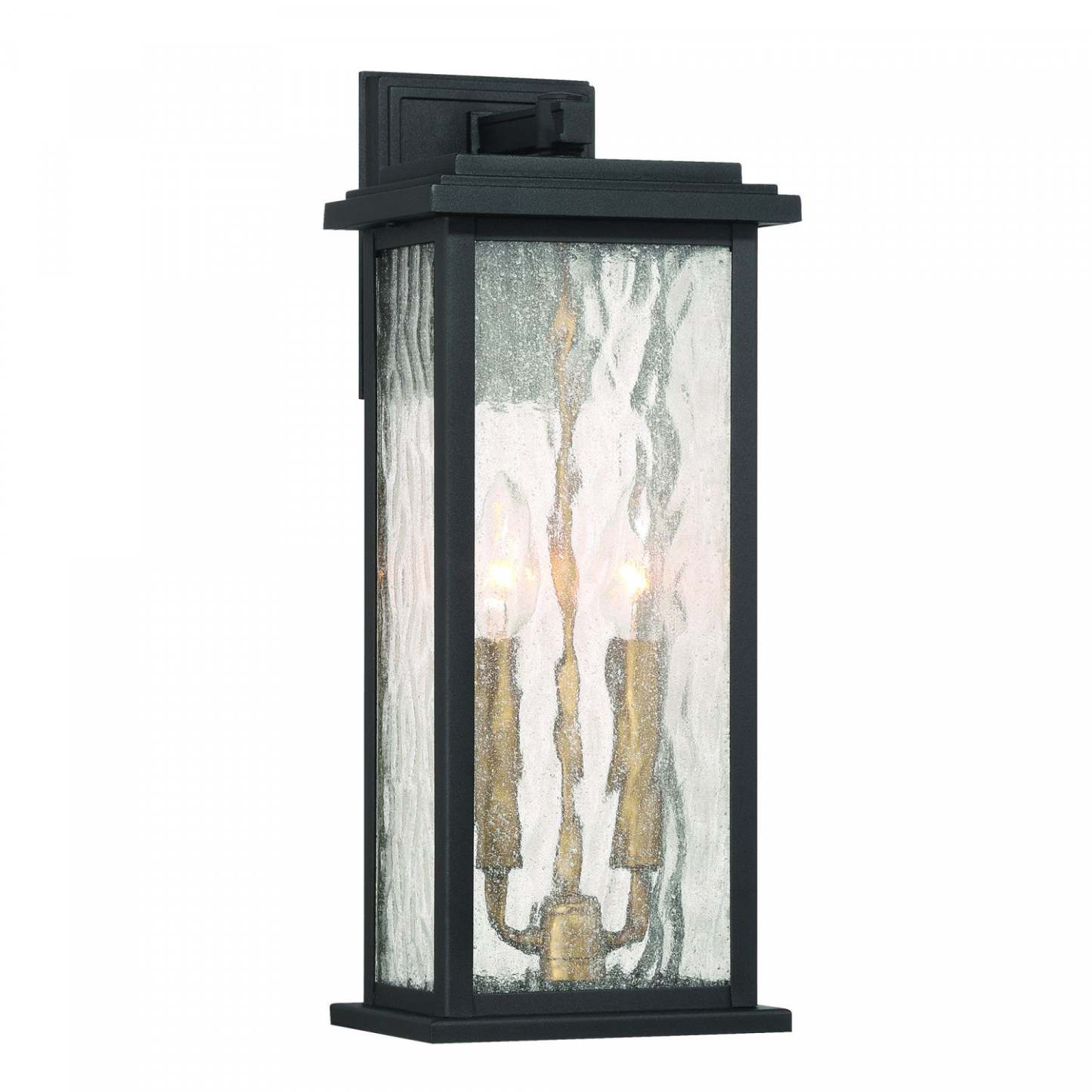 Applique murale extérieure Estate à 2 lumières 17, noir, laiton avec lampe en verre de pluie | Applique Murale D'extérieur Estate A 2 lampes De 17 po, Noir Et Laiton Avec Verre A Gouttelettes