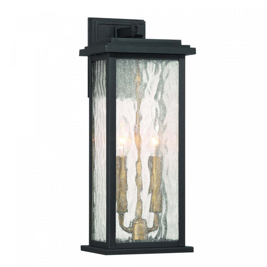 Applique murale extérieure Estate à 2 lumières 17, noir, laiton avec lampe en verre de pluie | Applique Murale D'extérieur Estate A 2 lampes De 17 po, Noir Et Laiton Avec Verre A Gouttelettes