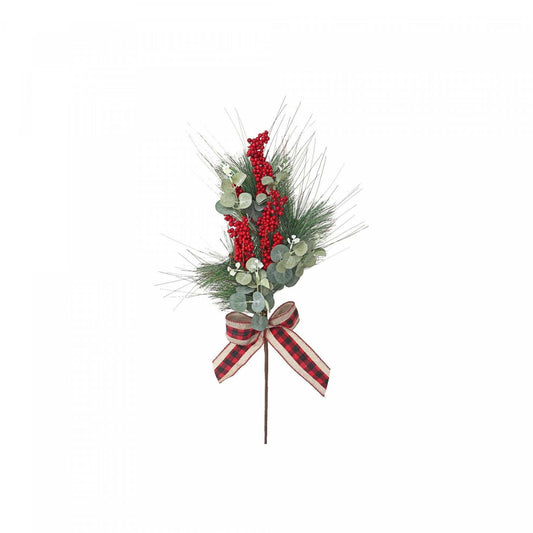 Berry Eucalyptus with Red Buffalo Bow Spray - Set of 3 Artificial Flower|Rameau mixte avec baies, eucalyptus et boucle à point à carreaux rouge - ensemble de 3 fleurs artificielles