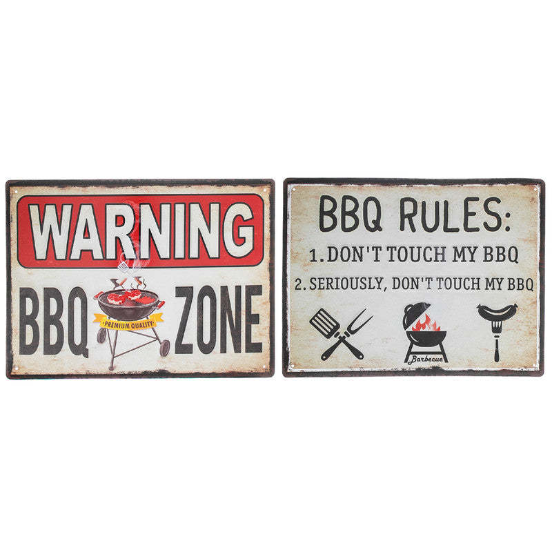 Panneau mural en métal embossé « Règles du BBQ » / « Zone BBQ » - ensemble de 2 décorations murales