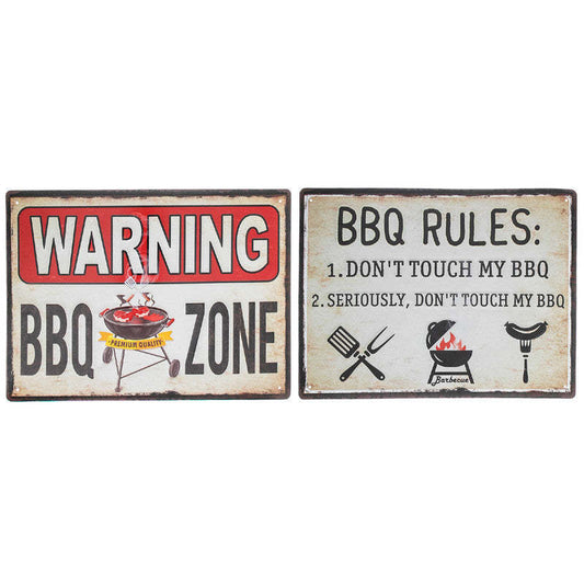 Panneau mural en métal embossé « Règles du BBQ » / « Zone BBQ » - ensemble de 2 décorations murales
