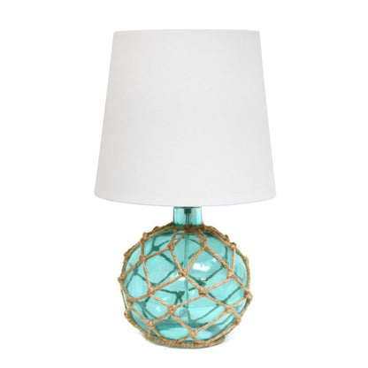 Elegant Designs Buoy Rope Nautical Netted Coastal Ocean Sea Glass Lampe de table avec abat-jour en tissu blanc, Aqua|Lampe de table Elegant Designs bouée en verre entourée d'un filet de corde nautique, turquoise|D22B3COM