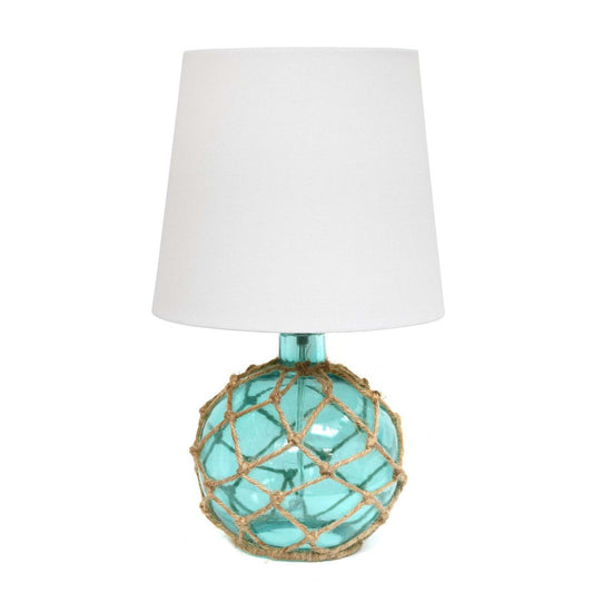 Elegant Designs Buoy Rope Nautical Netted Coastal Ocean Sea Glass Lampe de table avec abat-jour en tissu blanc, Aqua|Lampe de table Elegant Designs bouée en verre entourée d'un filet de corde nautique, turquoise|D22B3COM