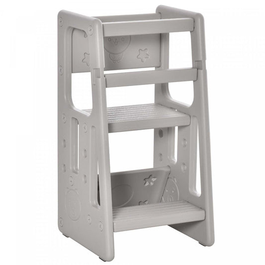 Qaba Tabouret De Cuisine Pour Tout-petits 2 Étapes Avec Plateforme À Hauteur Réglable Et Rampe De Sécurité, Gris|Qaba Tabouret De Cuisine Pour Tout-petits Avec Trois Hauteurs Reglables, Gris