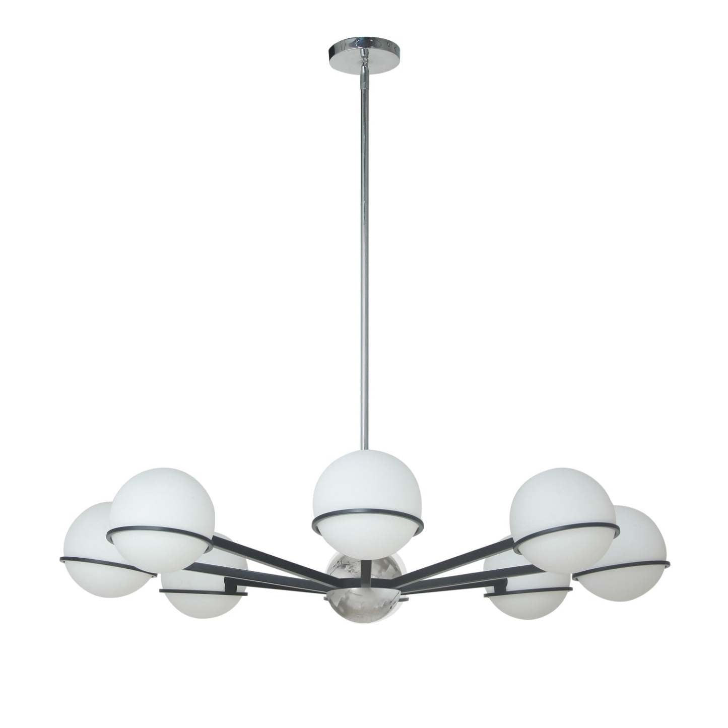 Dainolite Sofia 8 Light Chandelier Matte Black/Polished Chrome White Opal Glass Lamp|Lustre Sofia de Dainolite en verre blanc opale, avec fini noir mat et chromé poli et 8 ampoules