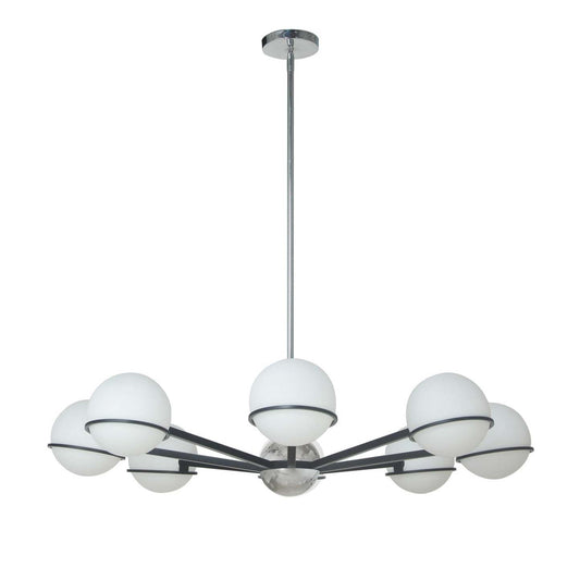 Dainolite Sofia 8 Light Chandelier Matte Black/Polished Chrome White Opal Glass Lamp|Lustre Sofia de Dainolite en verre blanc opale, avec fini noir mat et chromé poli et 8 ampoules
