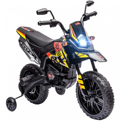 Qaba Moto Électrique pour Enfants 12v, Moto Tout-Terrain Alimentée par Batterie Licenciée Aprilia avec Roues d'Apprentissage, Suspension à Ressort, Phare, Musique, Pour Garçons et Filles Âgés de 3 à 8 Ans, Jaune