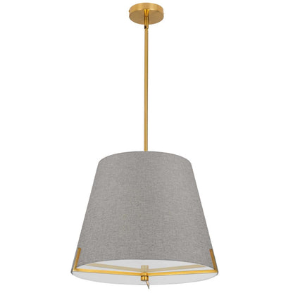 Dainolite Preston 4 Light Pendant 19 Dia Aged Brass Grey Fabric Shade Lamp|Luminaire suspendu Preston de Dainolite de 19 po de diamètre avec abat-jour en tissu gris, fini laiton vieilli et 4 ampoules