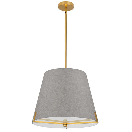 Dainolite Preston 4 Light Pendant 19 Dia Aged Brass Grey Fabric Shade Lamp|Luminaire suspendu Preston de Dainolite de 19 po de diamètre avec abat-jour en tissu gris, fini laiton vieilli et 4 ampoules