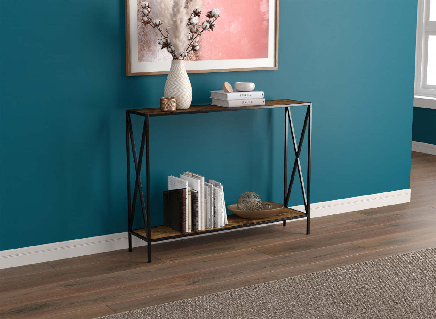 Console de 40 po avec 1 tablette - bois recyclé brun et base en métal noir