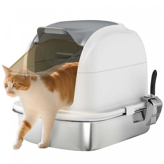 Pawhut Grande Boîte à Litière en Acier Inoxydable avec Couvercle, Grande Boîte à Litière Fermée pour Chats avec Couvercle Rabattable, Hauts Bords, Pelle, Sans Odeur, Facile à Nettoyer, Anti-fuite d'urine