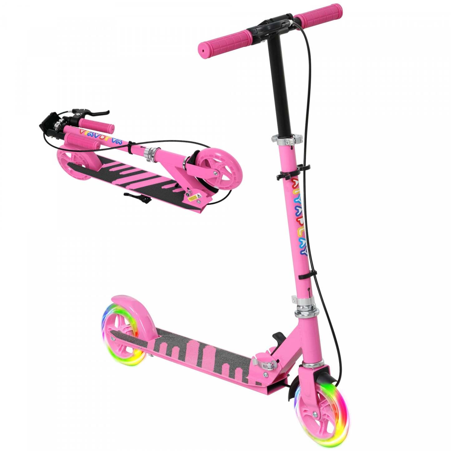 Trottinette Qaba pour enfants de 3 à 8 ans, trottinettes pliantes légères avec roues lumineuses, guidon réglable sur 4 niveaux, frein arrière et frein à main pour filles et garçons, rose