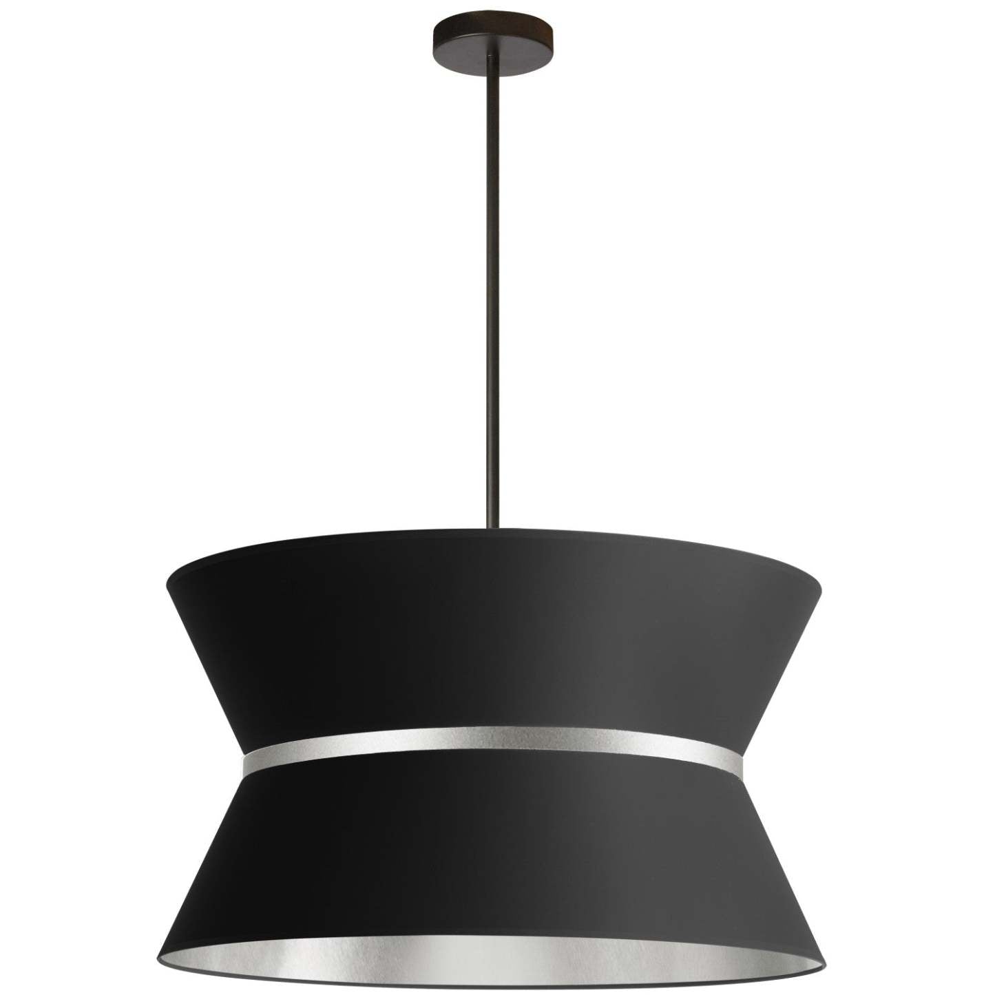 Dainolite Caterine 4 Light Pendant 24 Dia Matte Black Finish Silver Ring/Black Shade Lamp|Luminaire suspendu Caterine de Dainolite de 24 po de diamètre, avec abat-jour noir, anneau argenté, fini noir mat et 4 ampoules