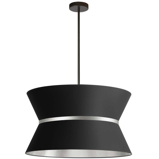 Dainolite Caterine 4 Light Pendant 24 Dia Matte Black Finish Silver Ring/Black Shade Lamp|Luminaire suspendu Caterine de Dainolite de 24 po de diamètre, avec abat-jour noir, anneau argenté, fini noir mat et 4 ampoules