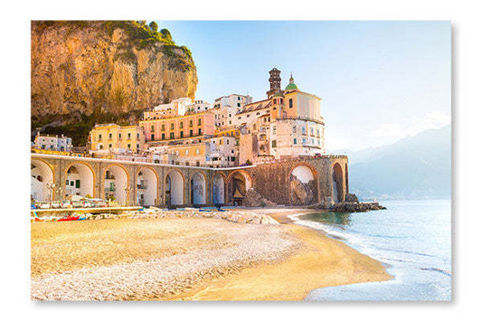 Vue matinale de la ville d'Amalfi, cadre mural et panneau de tissu 28 x 42 po | Vue matinale de la ville d'Amalfi, cadre mural et panneau de tissu 28 x 42 po | D44GAXMS