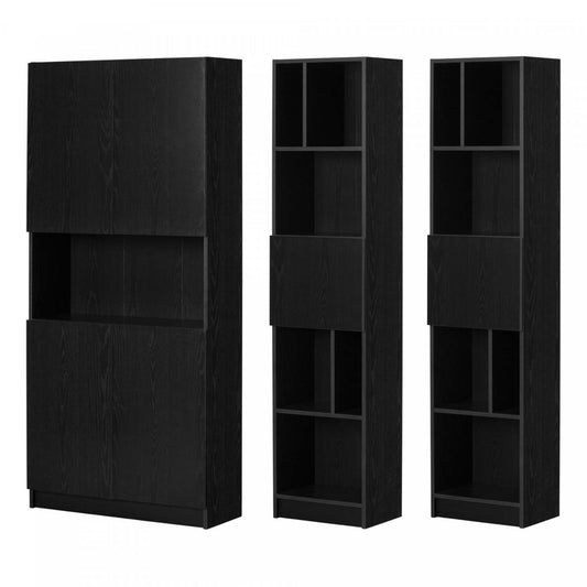 Liora Set Of Bookcase And 2 Narrow 5-shelf Bookcases - Black Oak | Liora Ensemble Bibliotheque Et 2 Bibliotheques Etroites 5 Tablettes - Chene Noir