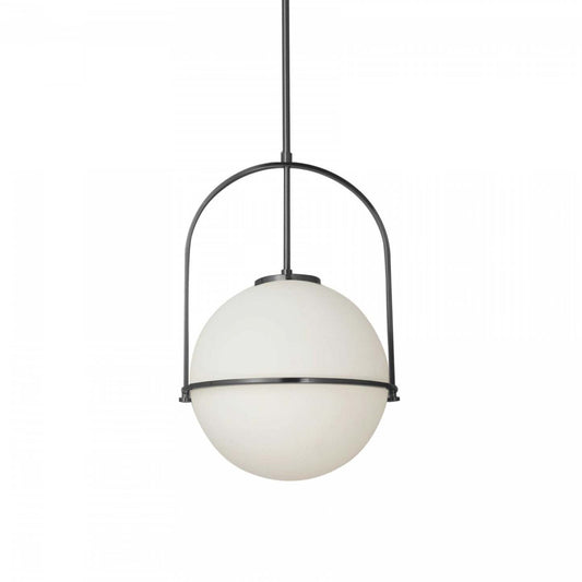 Dainolite Paola 1 Light Pendant Small Matte Black White Opal Glass Lamp|Petit luminaire suspendu Paola de Dainolite en verre blanc opale, avec finition noire mate et 1 ampoule