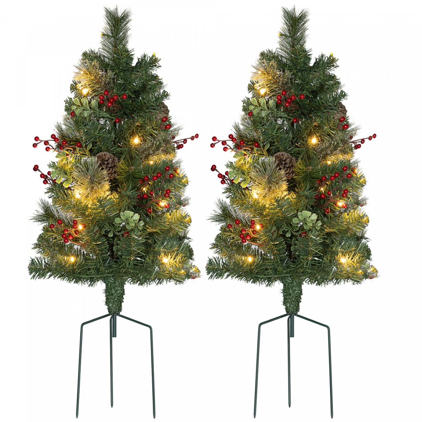 Homcom 2ft 2 Pack Lighted Small Christmas Tree with Red Berries Green|Homcom Lot De 2 Petits Sapins De Noël Éclairés, Vert, 2 Pieds
