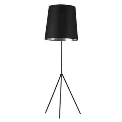 Lampe à pied Tripod de Dainolite avec abat-jour cylindrique effilé noir et argenté, 3 pattes et fini noir mat