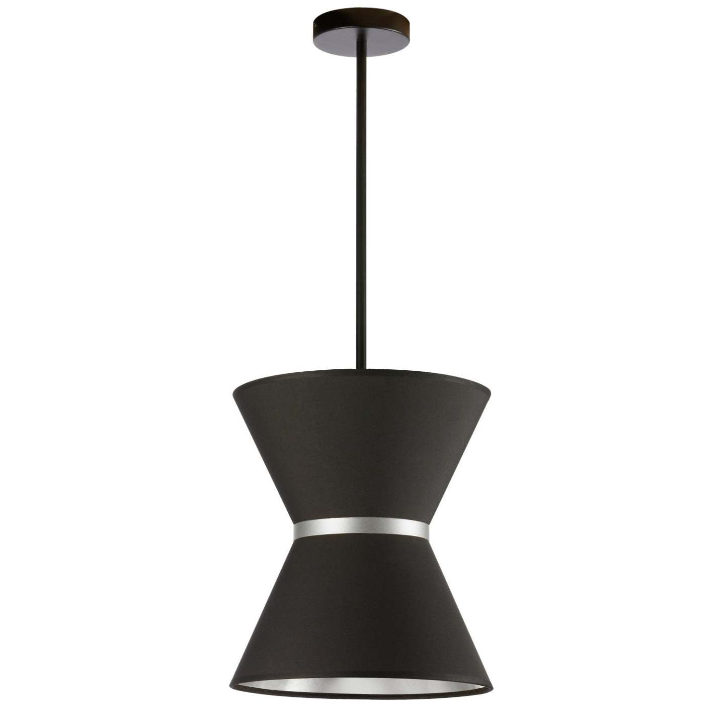 Dainolite Caterine 1 Light Pendant 12 Dia Matte Black Finish Silver Ring/Black Shade Lamp|Luminaire suspendu Caterine de Dainolite de 12 po de diamètre, avec abat-jour noir, anneau argenté, fini noir mat et 1 ampoule