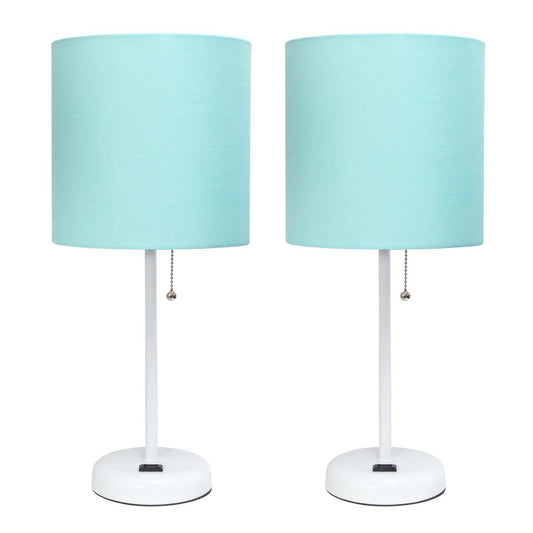 Lampe de table Limelights blanche avec prise de recharge et abat-jour en tissu, ensemble de 2 lampes, ensemble de lampes aqua | Ensemble de 2 lampes de table Limelights turquoise avec pied mince blanc et prise de recharge | D21I2Z48