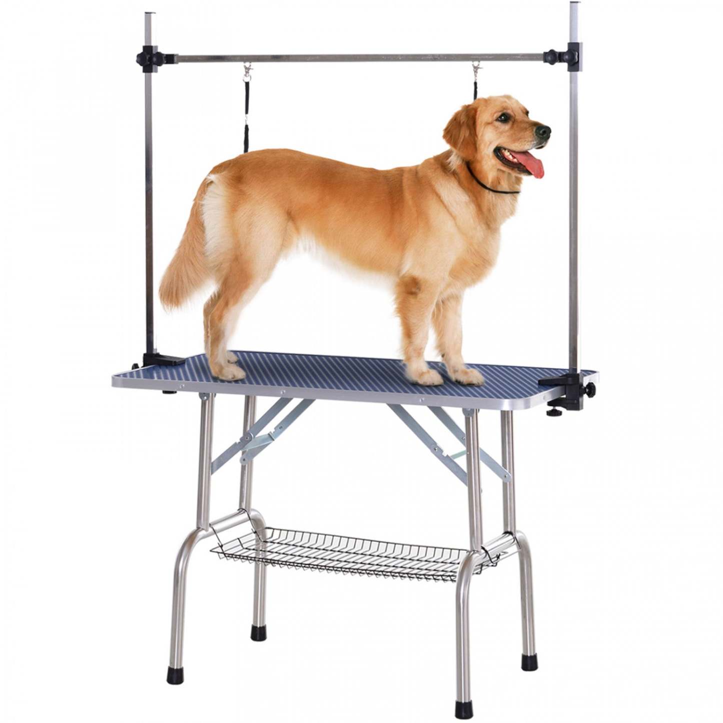 Pawhut Table De Toilettage Pour Chien Réglable Plateau En Caoutchouc 2 Sangles De Sécurité Panier De Rangement En Maille Métal Lourd Bleu