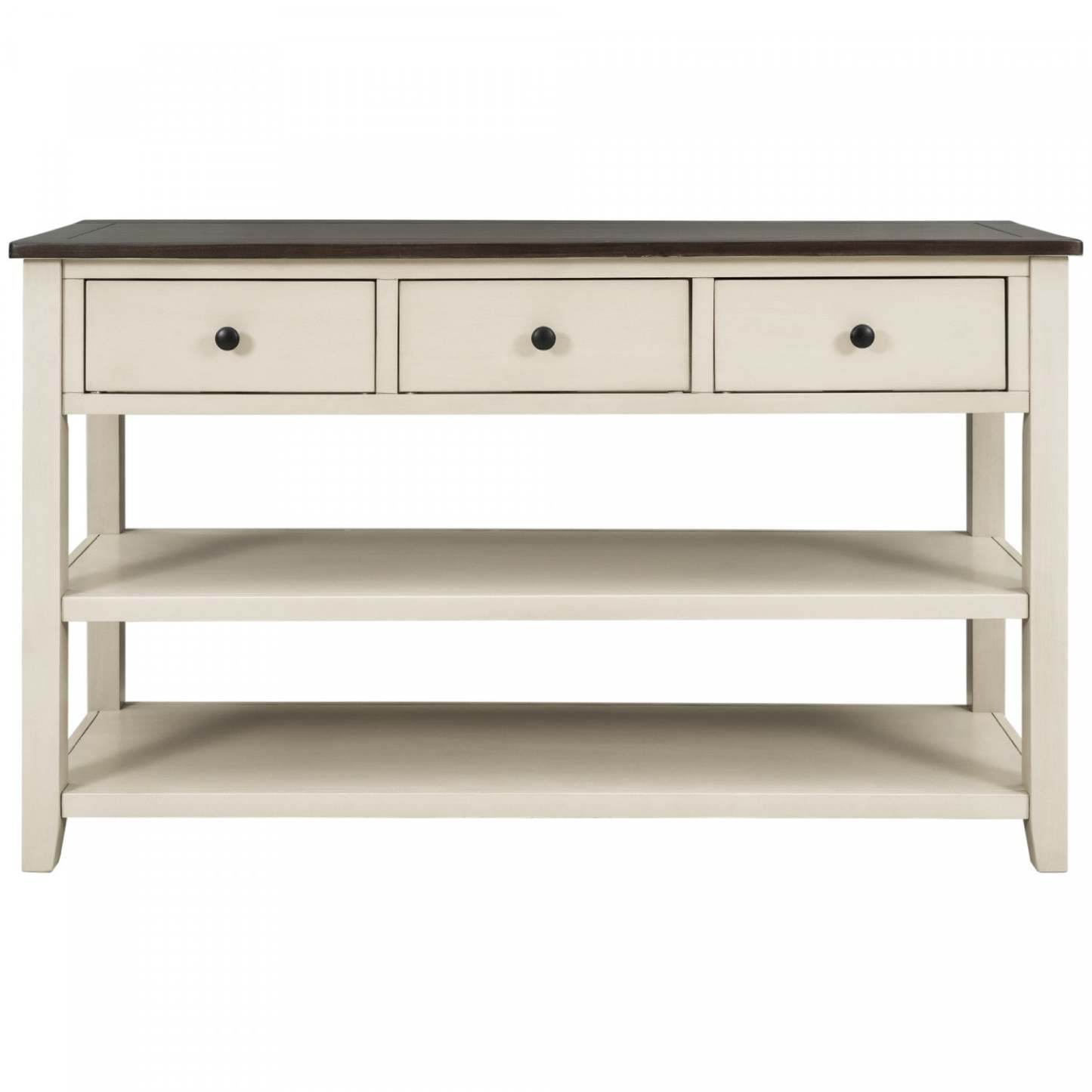 Wendy Table console en bois massif avec 3 tiroirs et 2 étagères ouvertes, armoire d'appoint beige | Console Wendy En Bois Massif Avec 3 Tiroirs Et 2 Etageres Ouvertes, Beige