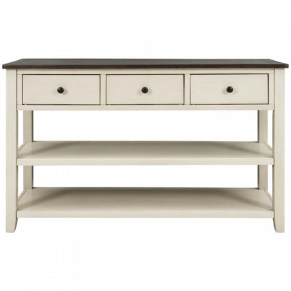 Wendy Table console en bois massif avec 3 tiroirs et 2 étagères ouvertes, armoire d'appoint beige | Console Wendy En Bois Massif Avec 3 Tiroirs Et 2 Etageres Ouvertes, Beige