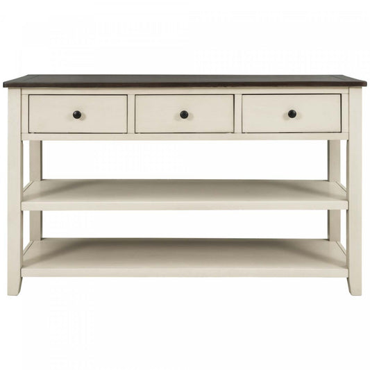 Wendy Table console en bois massif avec 3 tiroirs et 2 étagères ouvertes, armoire d'appoint beige | Console Wendy En Bois Massif Avec 3 Tiroirs Et 2 Etageres Ouvertes, Beige