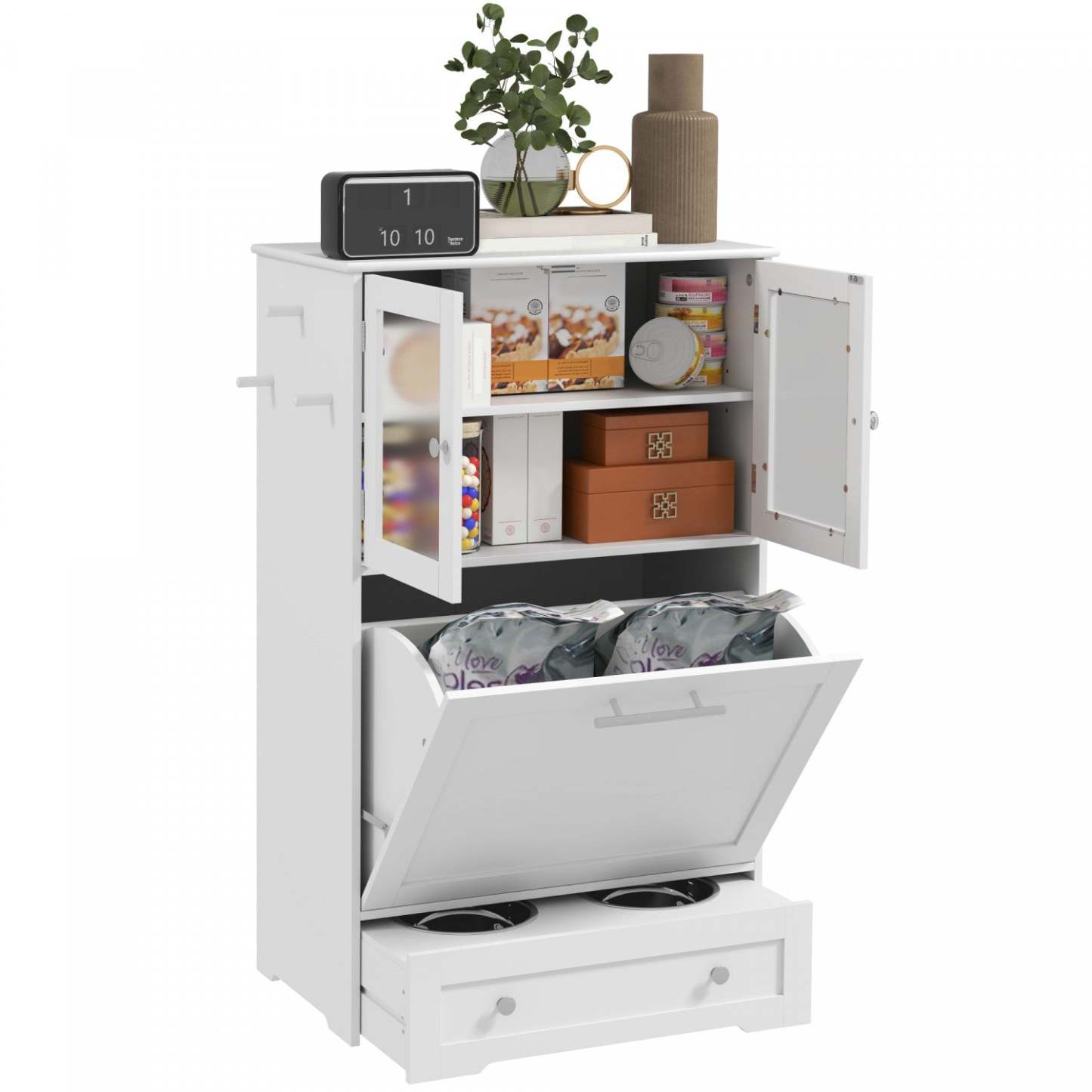 Pawhut Station D'alimentation Pour Chien Avec 2 Armoires De Rangement, Armoire De Stockage De Nourriture Avec 2 Bols Élevés Pour Chien