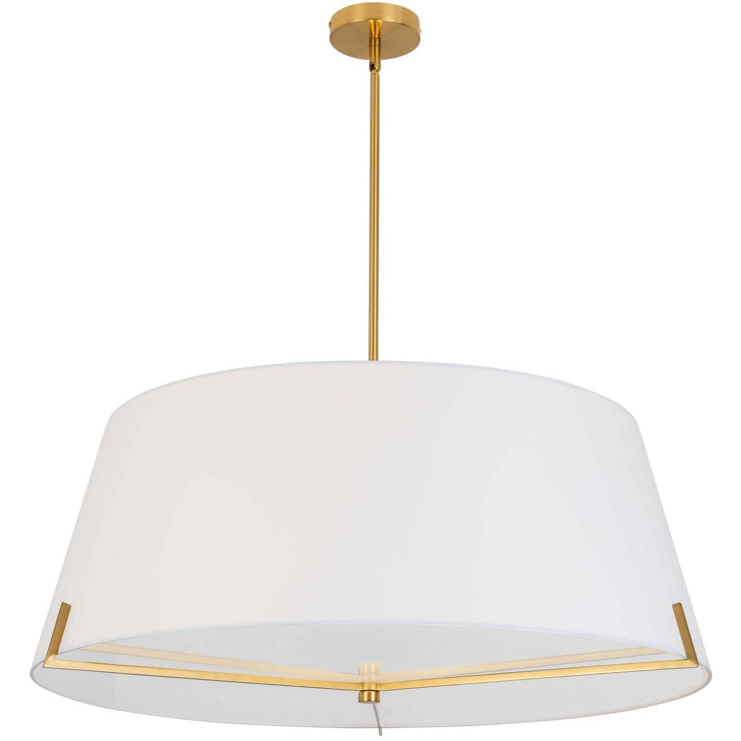 Dainolite Preston 4 Light Pendant 33 Dia Aged Brass White Fabric Shade Lamp|Luminaire suspendu Preston de Dainolite de 33 po de diamètre avec abat-jour en tissu blanc, fini laiton vieilli et 4 ampoules