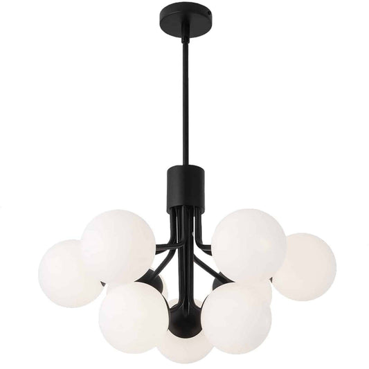 Dainolite Amanda 9 Light Chandelier Matte Black White Opal Glass Lamp|Lustre Amanda de Dainolite en verre blanc opale, avec fini noir mat et 9 ampoules