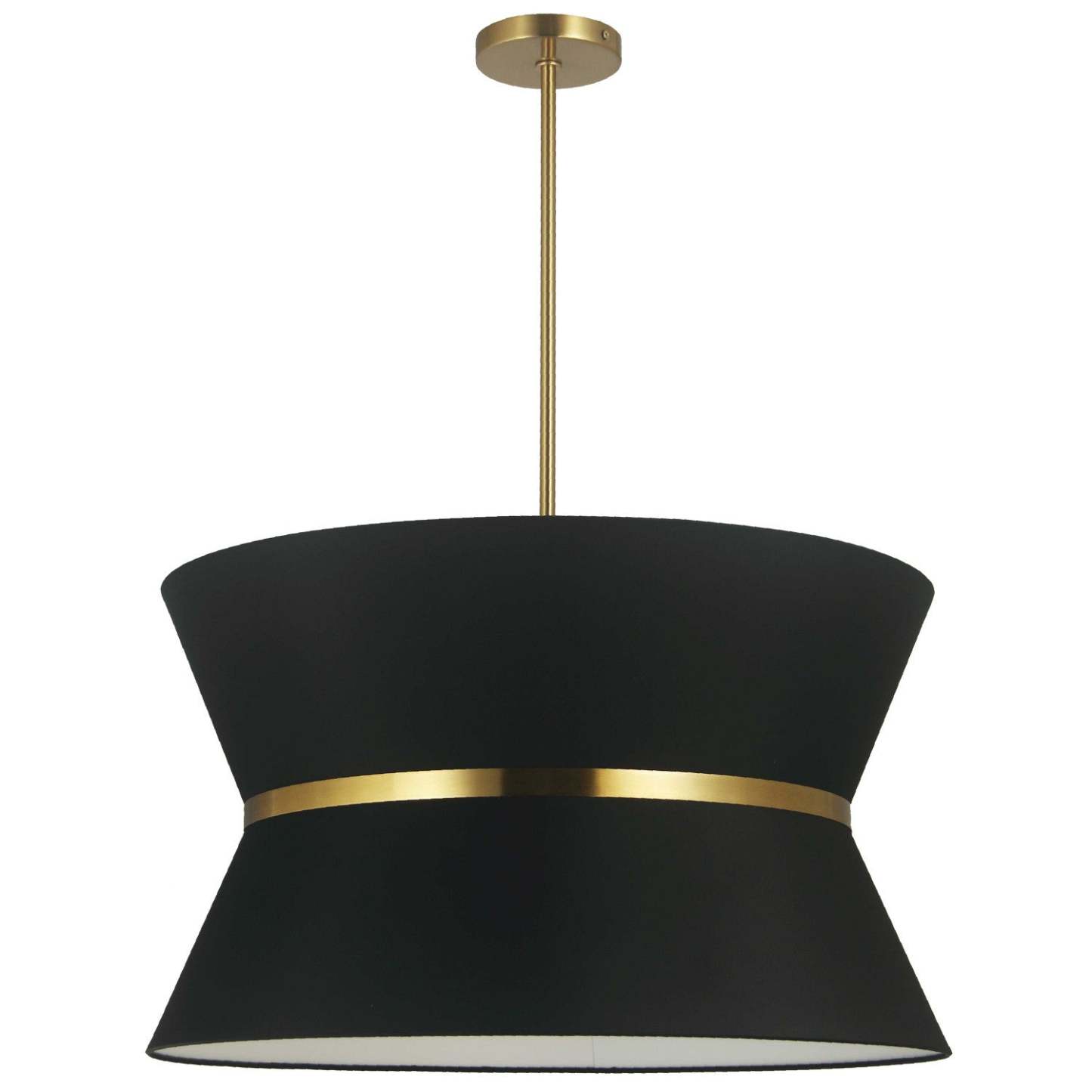 Dainolite Caterine 4 Light Pendant 24 Dia Aged Brass Finish Gold Ring/Black Shade Lamp|Luminaire suspendu Caterine de Dainolite de 24 po de diamètre, avec abat-jour noir, anneau argenté, fini laiton vieilli et 4 ampoules