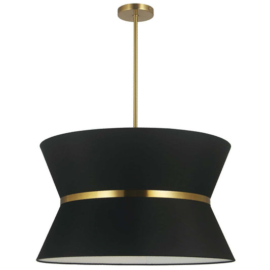 Dainolite Caterine 4 Light Pendant 24 Dia Aged Brass Finish Gold Ring/Black Shade Lamp|Luminaire suspendu Caterine de Dainolite de 24 po de diamètre, avec abat-jour noir, anneau argenté, fini laiton vieilli et 4 ampoules