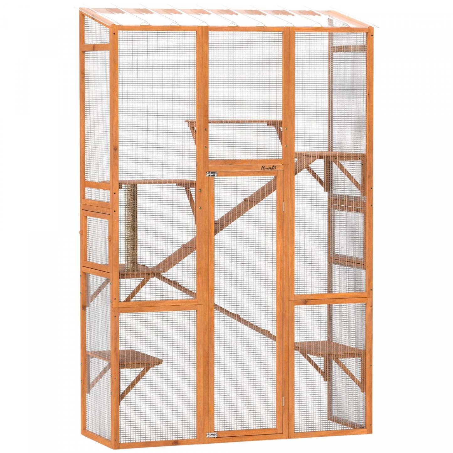Catio Pawhut Enclos extérieur pour chats, grande maison en bois avec 6 plateformes de saut, poteau à gratter, 2 rampes, toit étanche, cage extérieure pour 2-3 chatons, 64 X 24 X 99