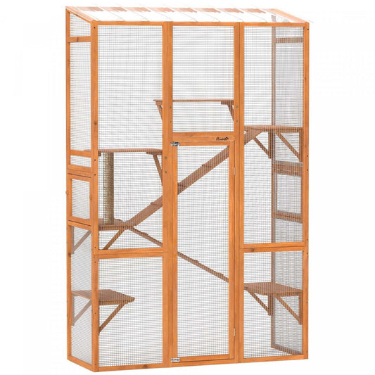 Catio Pawhut Enclos extérieur pour chats, grande maison en bois avec 6 plateformes de saut, poteau à gratter, 2 rampes, toit étanche, cage extérieure pour 2-3 chatons, 64 X 24 X 99