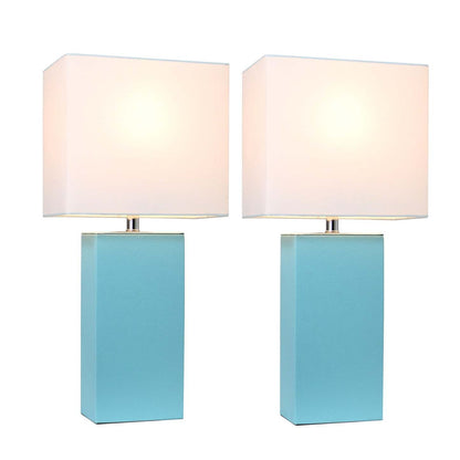 Ensemble 2 lampes de table modernes en cuir Elegant Designs avec abat-jours en tissu blanc, ensemble de lampes aqua|Ensemble 2 lampes de table moderne Elegant Designs en cuir turquoise|D21A2LN4