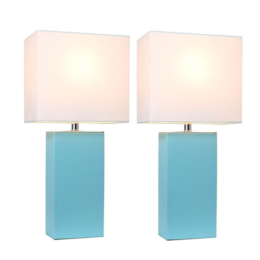 Ensemble 2 lampes de table modernes en cuir Elegant Designs avec abat-jours en tissu blanc, ensemble de lampes aqua|Ensemble 2 lampes de table moderne Elegant Designs en cuir turquoise|D21A2LN4