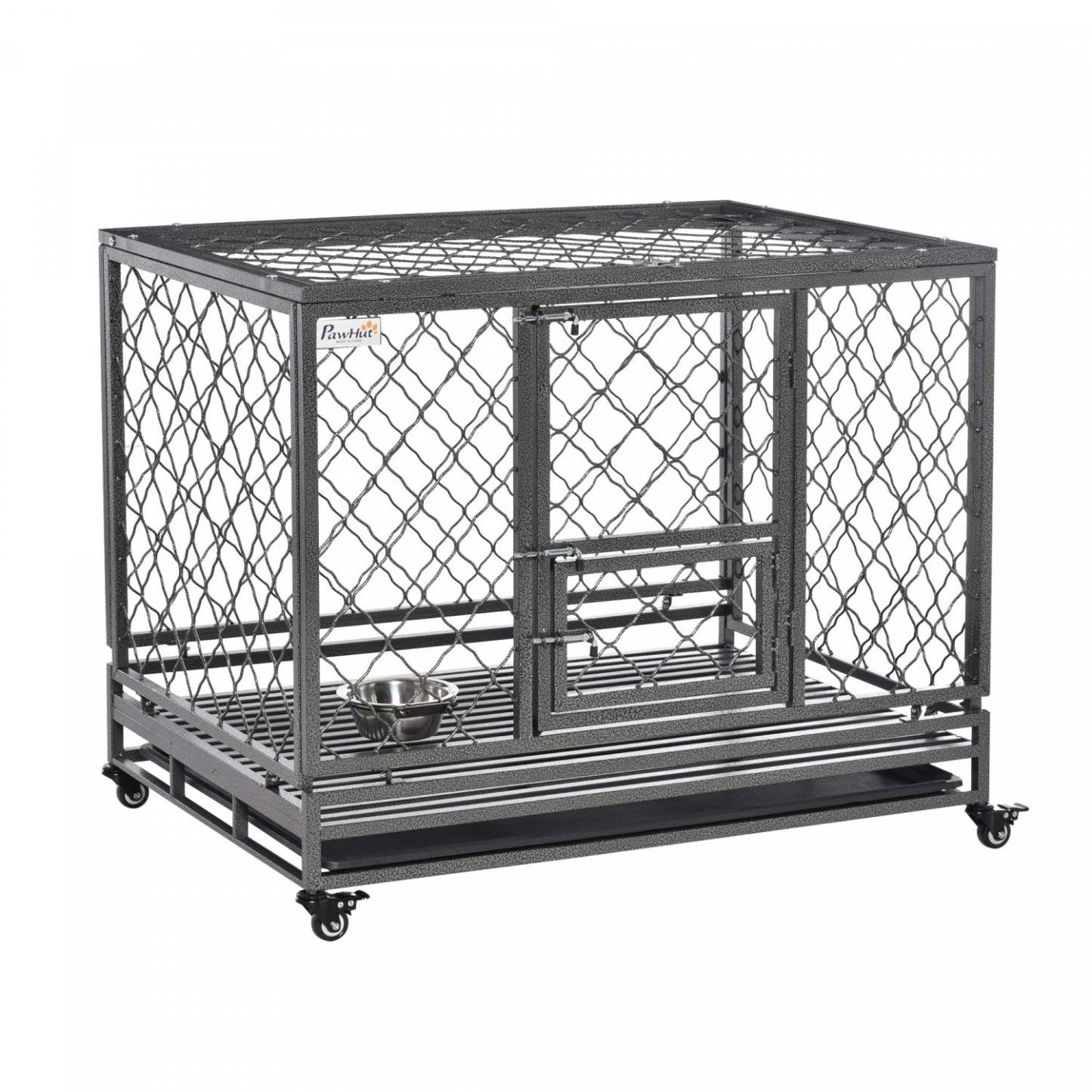 Pawhut Cage Pour Chien Robuste En Metal Avec Roulettes, Dessus Ouvrant, Plateau Amovible, Bol En Aci