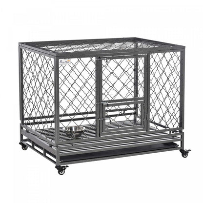 Pawhut Cage Pour Chien Robuste En Metal Avec Roulettes, Dessus Ouvrant, Plateau Amovible, Bol En Aci