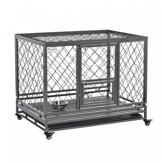 Pawhut Cage Pour Chien Robuste En Metal Avec Roulettes, Dessus Ouvrant, Plateau Amovible, Bol En Aci