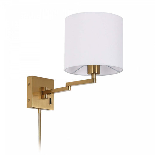 Dainolite Dainolite Swing Arm Wall Sconce Aged Brass White Drum Shade Lamp|Applique murale Dainolite de Dainolite avec abat-jour cylindrique blanc, bras articulé et fini laiton antique