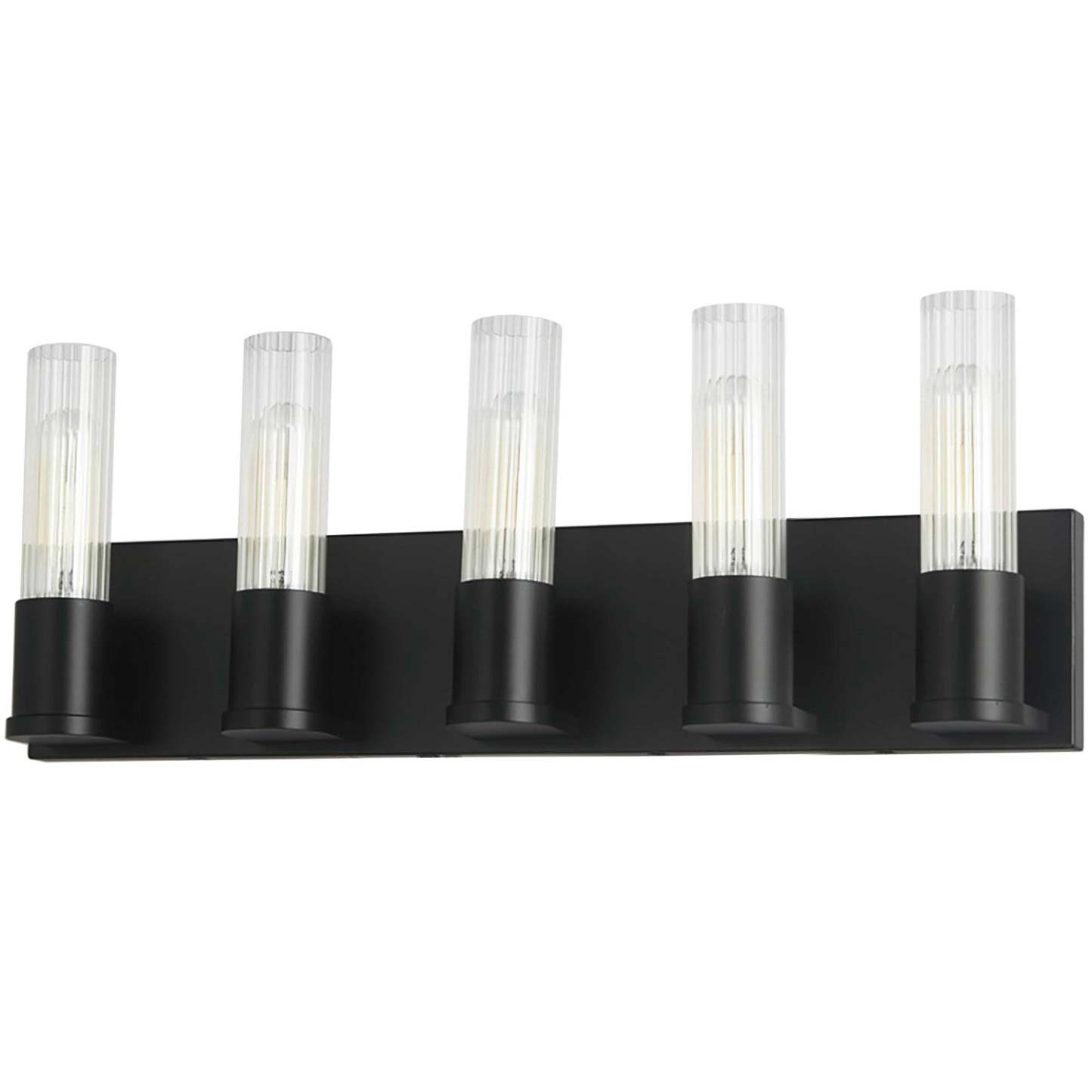Dainolite Tube 5 Light Vanity Light Matte Black Clear Fluted Glass Lamp|Lumière de coiffeuse Tube de Dainolite en verre cannelé transparent, avec fini noir mat et 5 ampoules