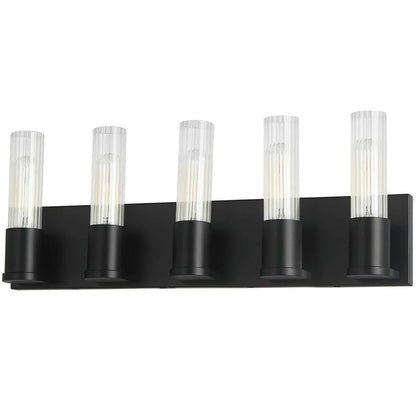 Dainolite Tube 5 Light Vanity Light Matte Black Clear Fluted Glass Lamp|Lumière de coiffeuse Tube de Dainolite en verre cannelé transparent, avec fini noir mat et 5 ampoules