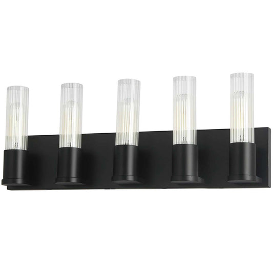 Dainolite Tube 5 Light Vanity Light Matte Black Clear Fluted Glass Lamp|Lumière de coiffeuse Tube de Dainolite en verre cannelé transparent, avec fini noir mat et 5 ampoules