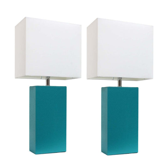 Ensemble 2 lampes de table modernes en cuir Elegant Designs avec abat-jours en tissu blanc, ensemble de lampes turquoise|D22E49GF